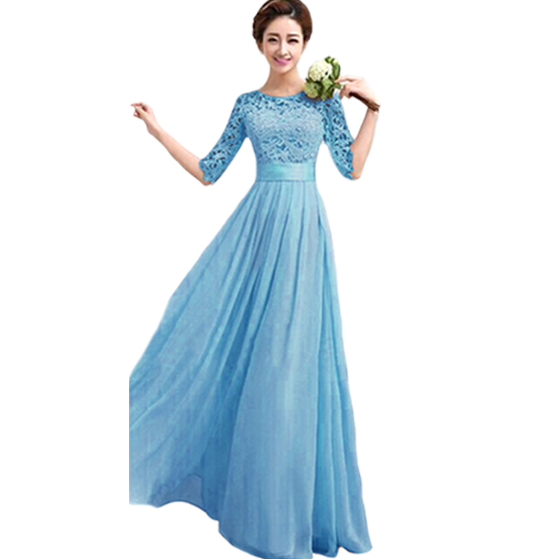 Elegant  Lace Sleeve Chiffon Womens Long Formal Dress Evening Gowns Cheap Bridesmaid Dresses Under 50 Plus Size S M L XXL