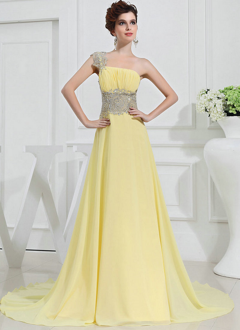 Real-Model-Cheap-Long-Evening-Dresses-One-Shoulder-Chiffon-Yellow-Prom 