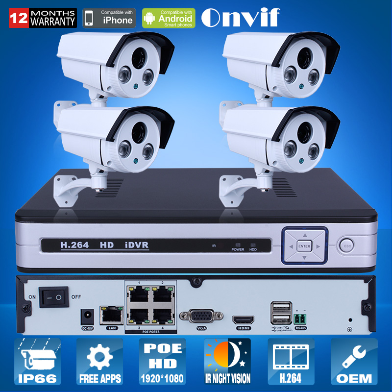 Onvif POE IP Camera 1080P H.264 CMOS IR Night Vison For Home Security CCTV Email Alarm 4CH POE NVR Surveillance System 2TB HDD