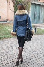 2014 New Arrival Winter Women s Denim Patchwork Wadded Jacket Outerwear Faux Fur Collar Thickening Coats