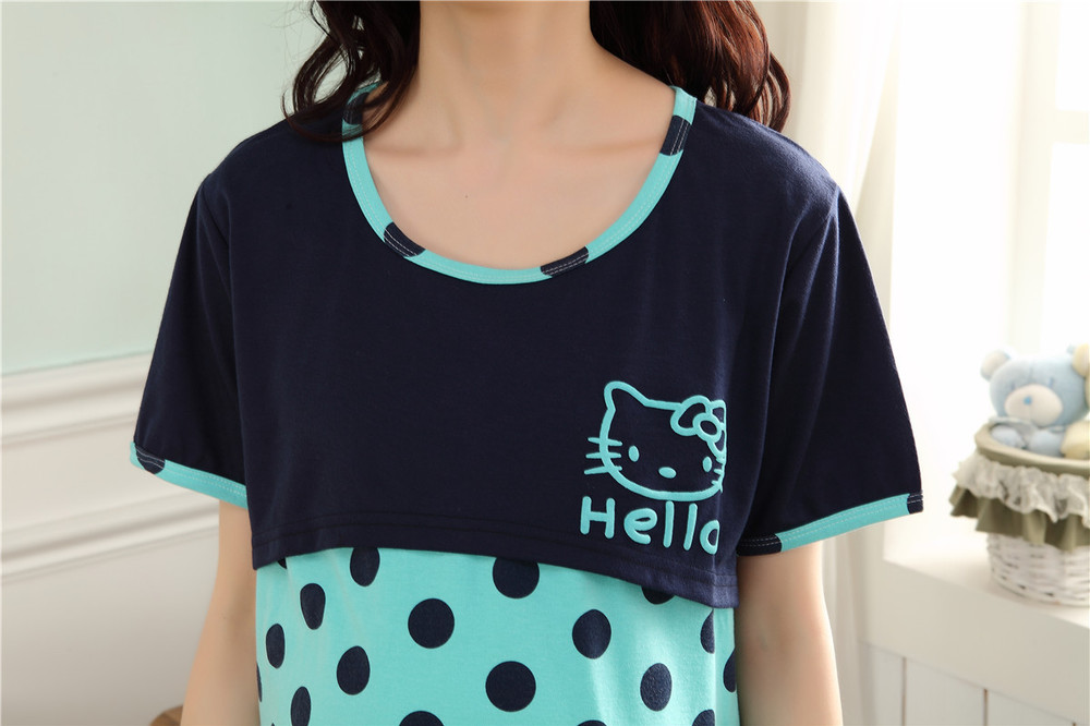 Hello kitty Dark blue Polka dot cotton summer dresses for pregnant chic maternity wear lactation clothing for feeding pajamas 2