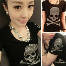 2015 Summer Plus Size Women T shirt Female Short Sleeve Cotton Diamond Skull print tops Women
