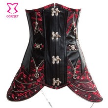 Black and Red Leather W/ Brocade Steampunk Corset Underbust Bustier Skirted Steel Boned Waist Cincher Corsets Burlesque Clothing