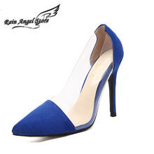 Genuine Leather Transparent PVC Women Sexy Pumps Pointed High Heel Shoes 8cm/10cm Sheepskin Black Suede Women Wedding Shoes
