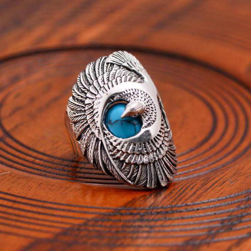 925 Sterling Silver Jewelry Mens Vitnage Eagle Wings Natural Turquoise Ring-in Rings from ...