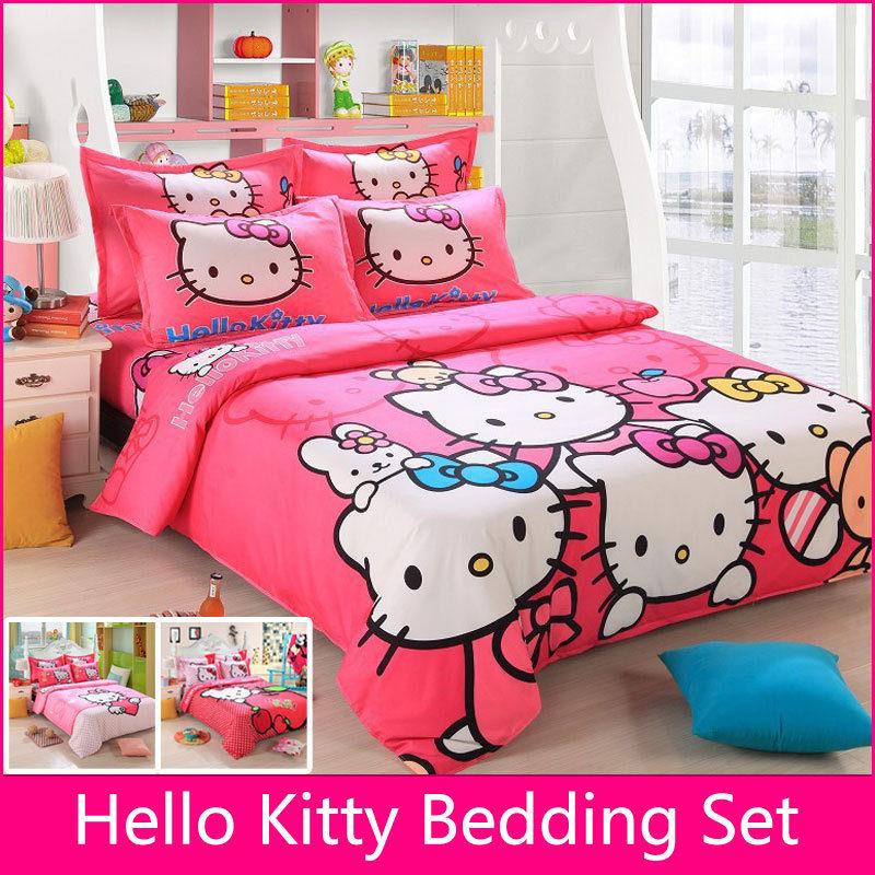 Brand Logo Hello Kitty Bedding Set Children Cotton Bed sheets Hello Kitty Duvet Cover Sheet Pillowcase King/Queen/Twin 4Pcs BS35
