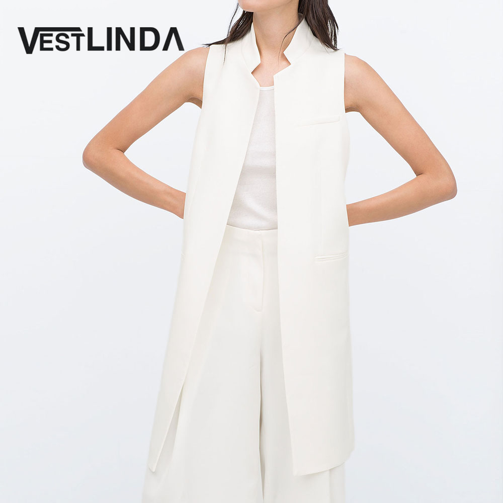 VESTLINDA Long Vest Back Split Outwear Waistcoats Women White Black Jacket Coat Sleeveless Cardigan Pocket Blazer Vest Femme Top 1