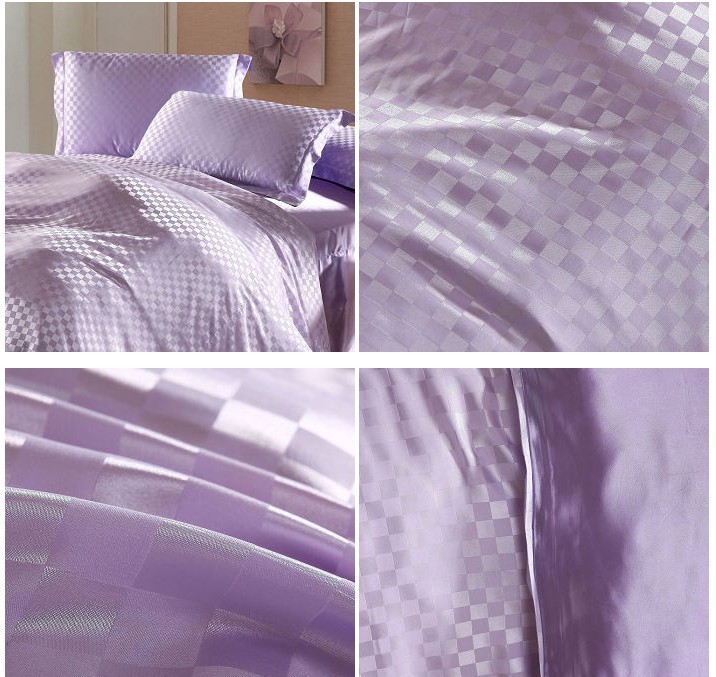 Wholesale Luxury Light Purple Lilac Plaid Silk Bedding Sets Queen