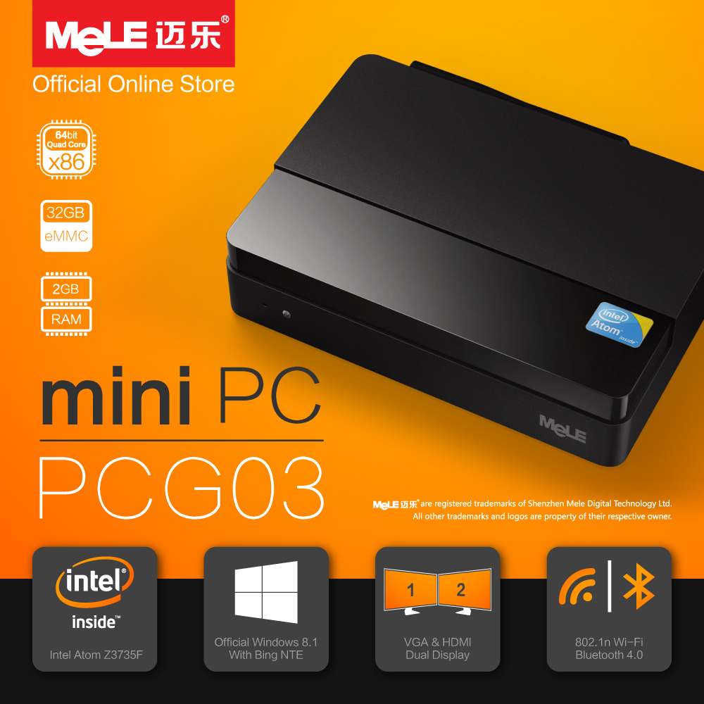 Fanless Intel Mini PC MeLE PCG03 Quad Core Intel Atom Z3735F 2GB DDR3 32GB eMMC HDMI VGA LAN WiFi Bluetooth Genuine Windows 8.1