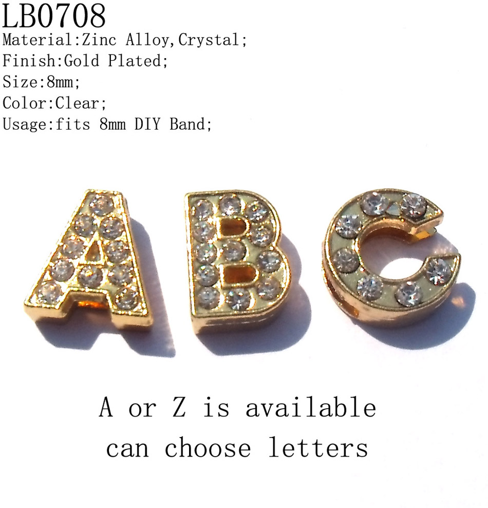 8mm Crystal Stud Gold Tone Alloy Initial Letter Beads,DIY Charms Beads,fits 8mm Leather Band,Free Shipping 1300pcs/lot