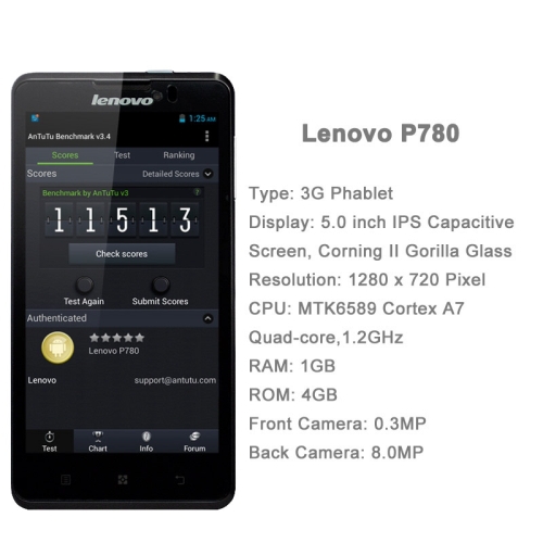 Lenovo P780    MTK6589 1.2  Android 4.2 5.0  HD 1280 x 720 P 1    4  ROM 8.0MP 4000   GPS