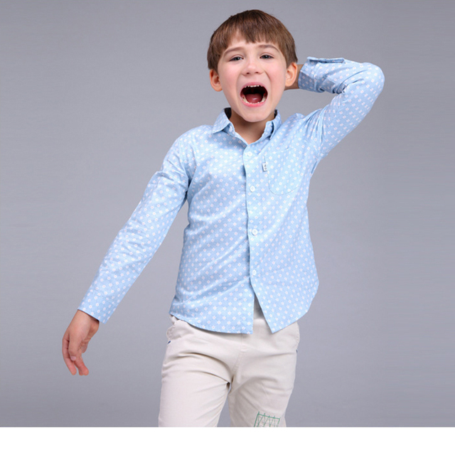 Мальчики печатных цветочные рубашки весна 2016 топы одежда мода простой синий хлопка с длинным рукавом блузка мальчики рубашка размер 90-130 см