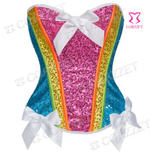 Gothic Espartilho Rainbow Color Sequined Sexy Women Corset Corsage Top Bustier Overbust Push Up Waist Training Corsets For Sale