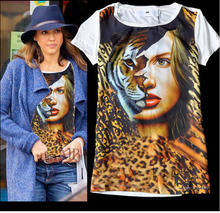 3D Tiger Girl Face Print Women Short-sleeve T-shirts Sports Outwear Soft Tee Top