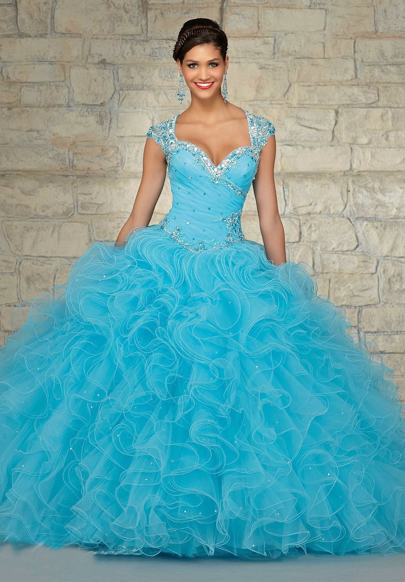 Princess Quinceanera Dresses Cap Sleeve Organza 15 Quinceanera Dresses Blue...