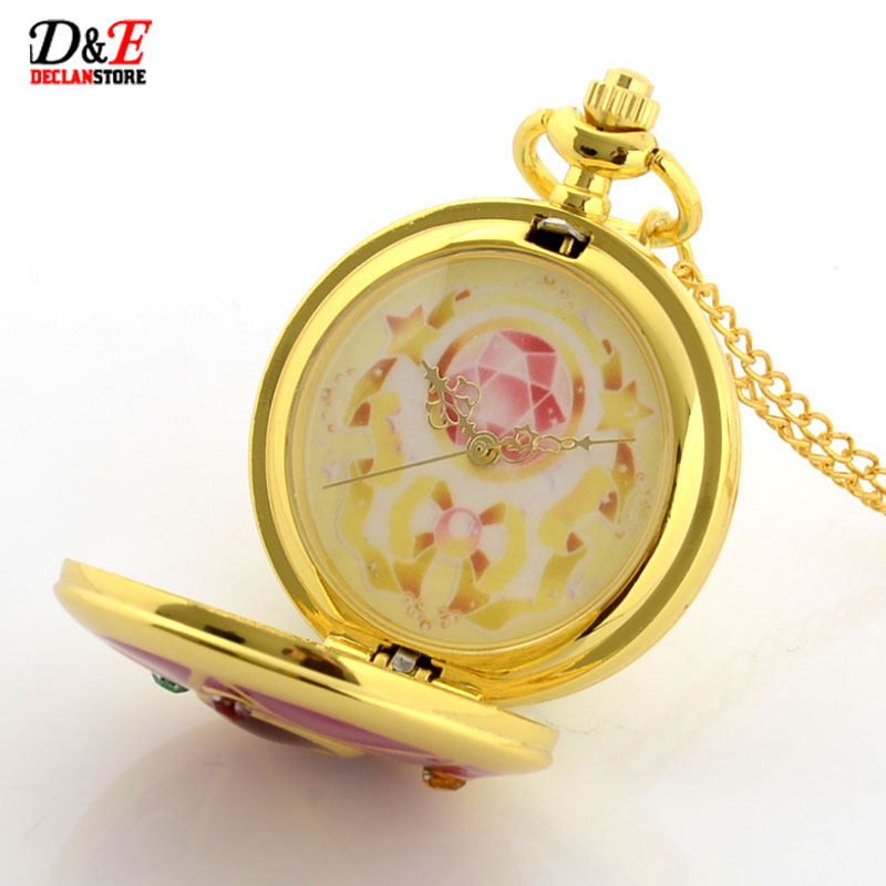 Wholesale Price Colorful Rhinestone Famous Anime Sailor Moon Series Women Golden Roman Quartz Pocket Watch Necklace