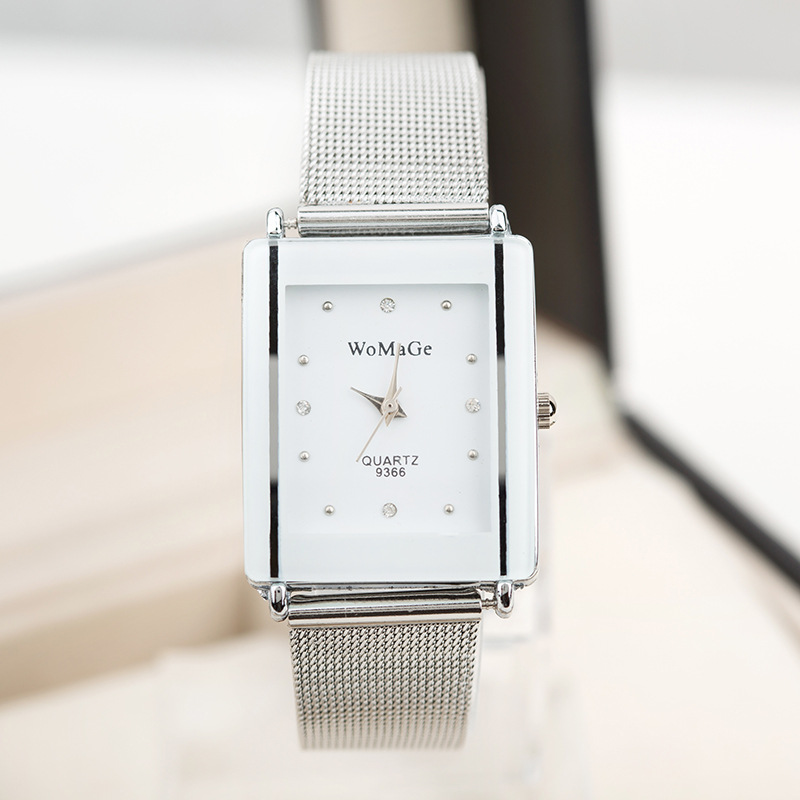Women Watch Full Silver Steel Mesh Band Square Dial Quartz Casual Watch