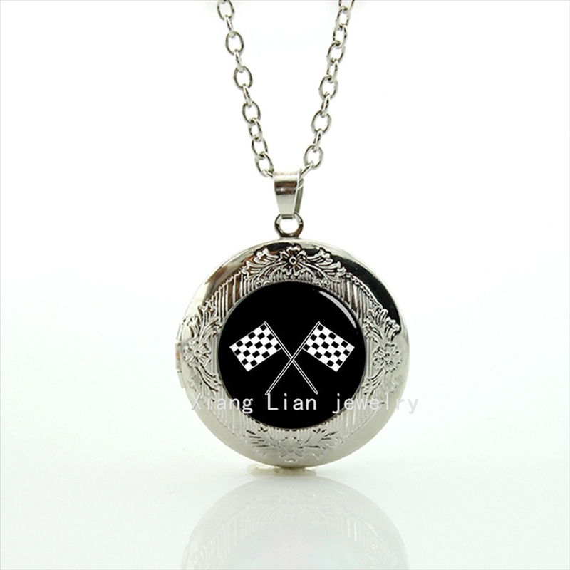 Locket necklace Racing font b chequered b font flag 4 checkered flags pendant necklace sport pendant