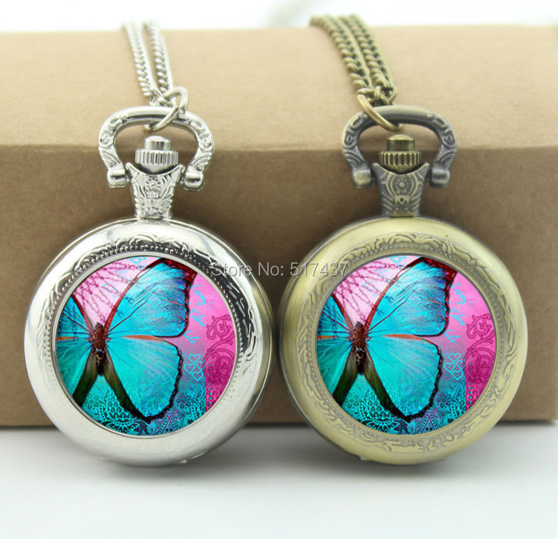 WT-00248 Blue Butterfly Necklace. Vintage Globe Pendant. Charms. Butterfly Jewelry glass photo pendant necklace-