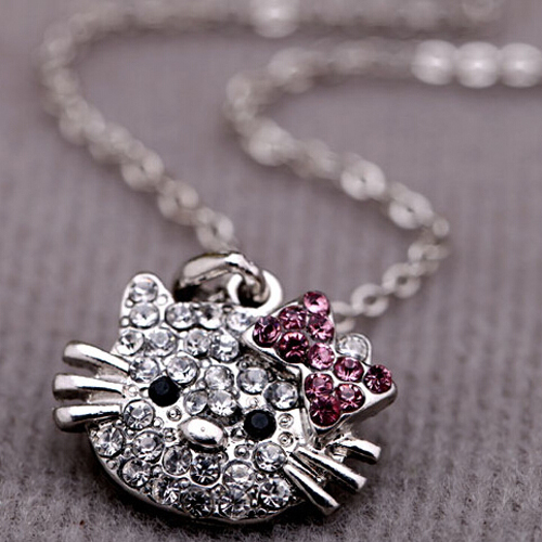 Cute Hello Kitty Cat Design Pendant Chain Necklace Charm Clear Rhinestone Fashion Jewelry Necklace Lovely Cute