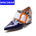Women Single shoes Classics Genuine leather Pointed Toe High Heels Serpentine buckle Decoration Woman leisure Wedges