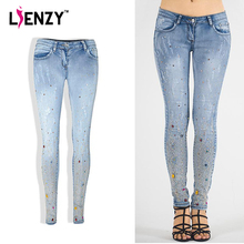 LIENZY Diamante women distressed jeans Sequin Scratched Light Blue Low Waist Slim Skinny Long Pencil Jeans Female