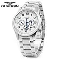 GUANQIN Men Steel Band Calendar Quartz Watch 10ATM Water Resistant with Three Moving Sub dials