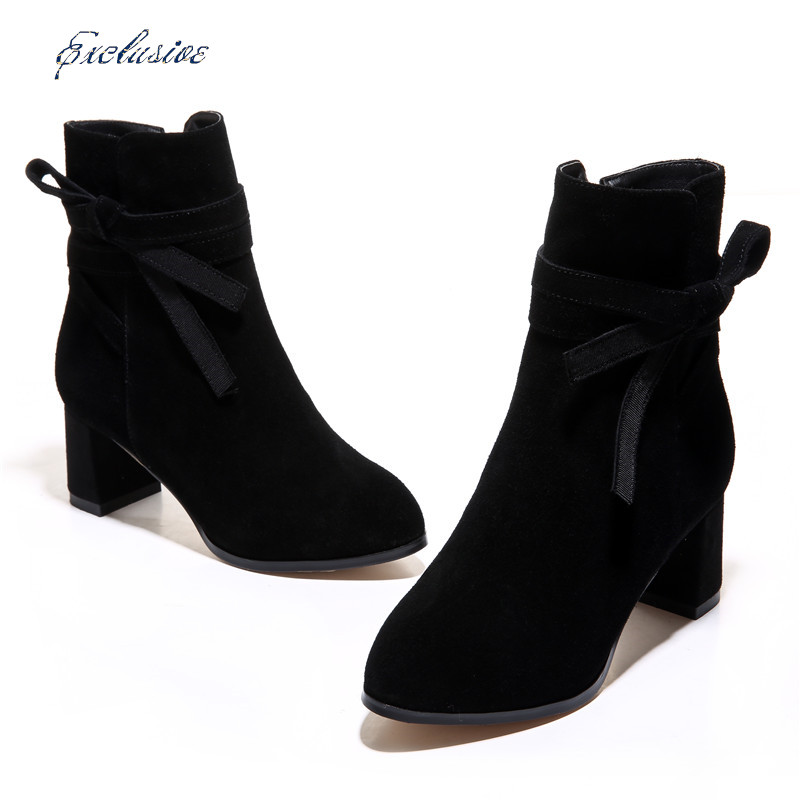 Woman Thick With Ankle Boot Winter Short Plush Bowtie Pointed Toe Shoe Black High Quality Cowhide Fashion Thick With Ankle Boots
