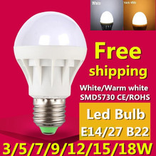 3W 5W 7W 9W 12W Led Bulb E27 ce rohs LED Lamp 110v 220V smd5730 Light Bulb For Home white/warm white Led Spotlight free shipping