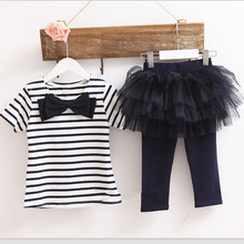 Children’s Wear New Girls Stripe Bow Suit T-shirt + Net Yarn Skirts Pants Suit Kids Clothing Sets Yellow Red Dark Blue