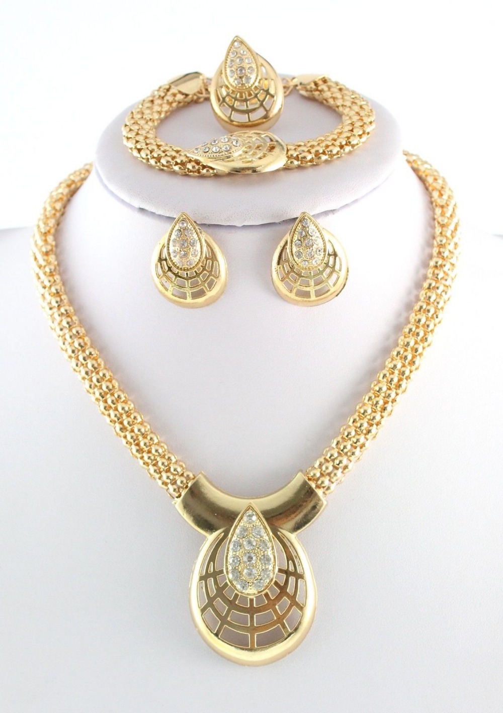 ... 18k Gold Plated Crystal Necklace Bracelet Ring Earring Jewelry Sets