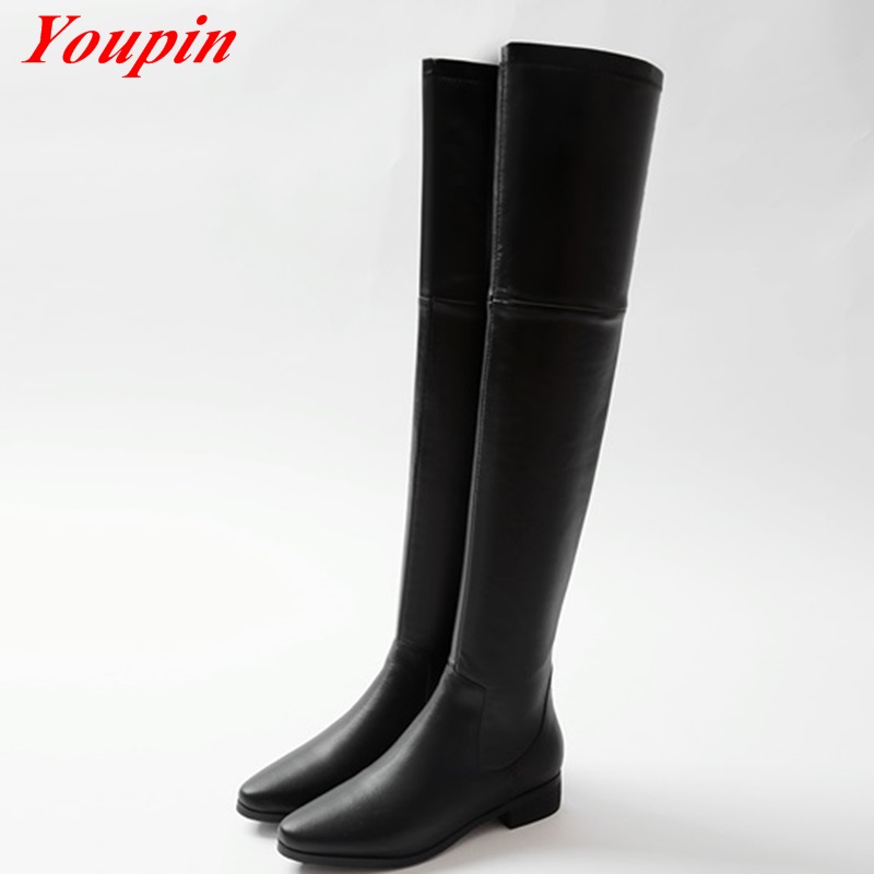 Low-heeled Knee Boots Cowhide Winter Short Plush Pointed Toe Long Boots High Quality Nubuck Leather Woman Low-heeled Knee Boots