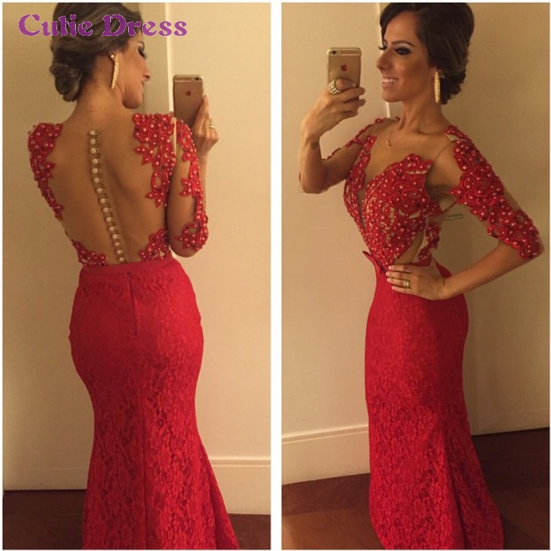 Images of Red Long Sleeve Lace Prom Dress - Reikian