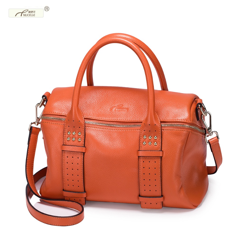 Фотография NUCELLE 2015 Autumn New Brand Fashion Women Handbag Genuine Leather Rivet Boston Bags Shoulder Bag Gift For Girls Free Shipping