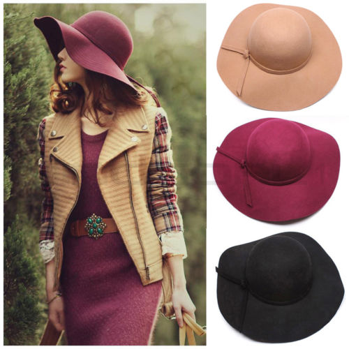 2015 Fashion Style Soft Women Vintage Retro Wide Brim Wool Felt Bowler Fedora Hat Floppy Cloche