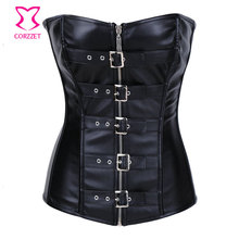 Burlesque Buckle Belt Black Leather Overbust Zipper Corset Gothic Steampunk Corsets And Bustiers Gothique Espartilhos E Corpetes