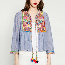 2016 Summer Women Boho Ethnic Embroidery Jacket Long Sleeve Striped Short Shirt Coat Ball Lace Up Vintage Casual Outwear Tops