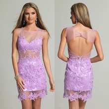 Lavender Lace Appliqued Cocktail Dresses 2016 Sheer Neck Beaded Sexy Backless See-through Mini Short Custom Made Party Dresses