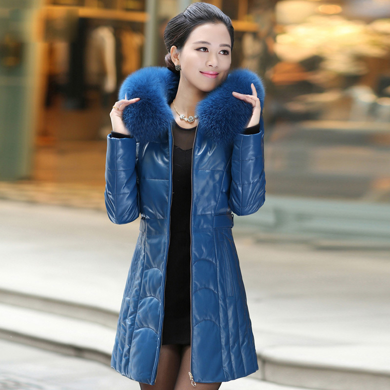 Мода женской одежды 2015 новых зимнее пальто женщин длинный участок надьямарош воротник высокое качество тонкий кожаный женский 1666 #
