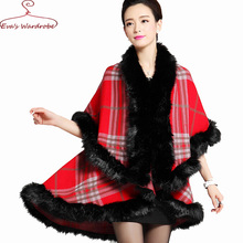 Women Cloak Faux fox fur collar Medium Long shawl Cape Plaid tartan Scarf Upscale Thick Winter Poncho For Lady Xale Feminino