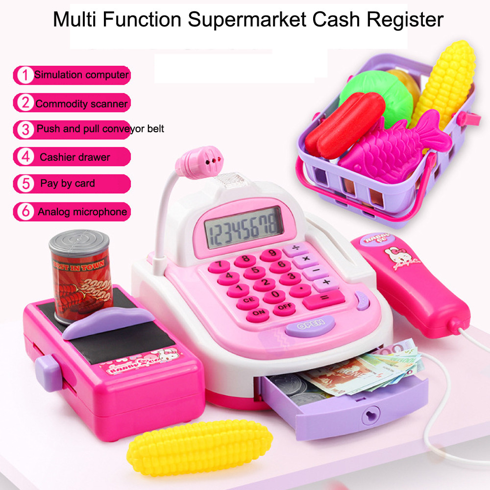 deluxe toy cash register with conveyor belt & scanner