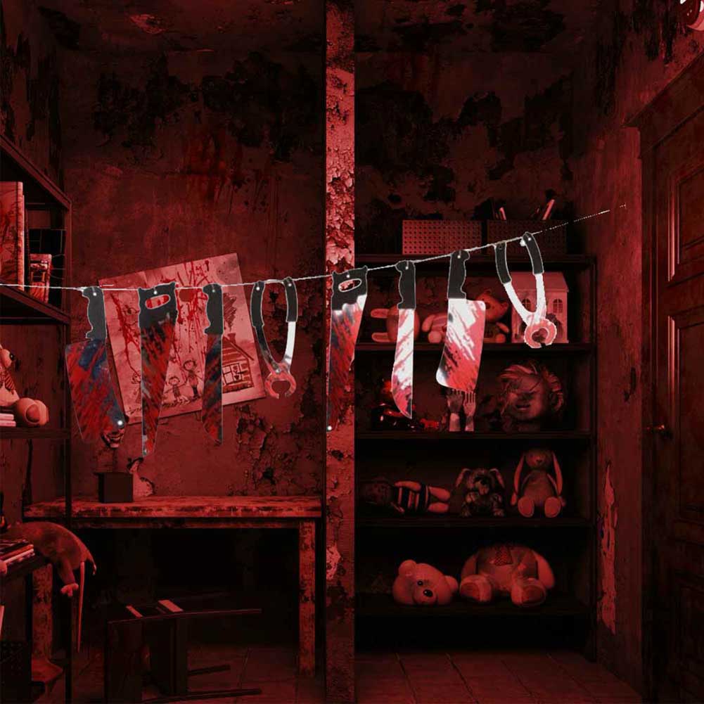 Qic 16Pcs Halloween Blood Weapon Garland Banner Props DIY Scary Bloody Hands Decorations Supplies for Haunted House Vampire Zombie Theme Hanging Supplies