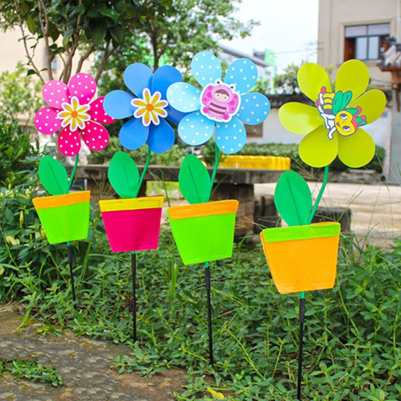 Colorful Flower Pot Windmill Wind Spinner Yard Lawn Garden Decor