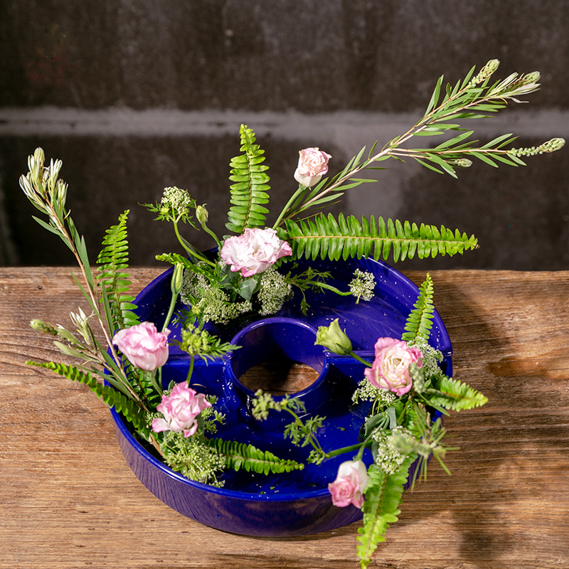 Japanese 9.5" Ceramic Half Moon Ikebana Suiban Flower Arrangement Vase Turquoise 