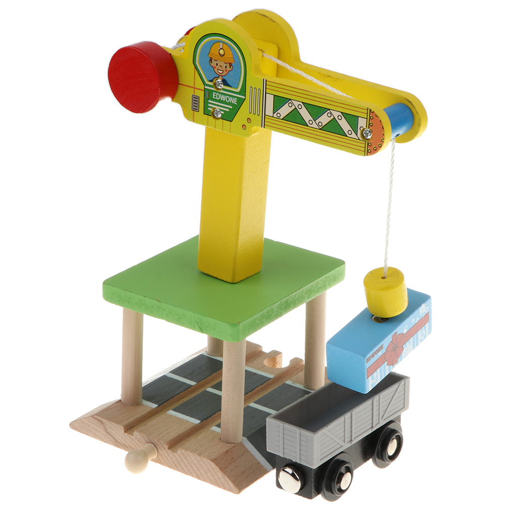 Preschool Wooden Toy Trains Building Block Track Crane Freight Car Turntable 
