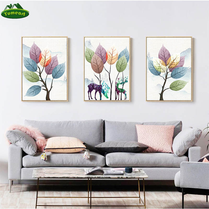Pinturas en lienzo de ciervos y hojas coloridas, póster impreso de