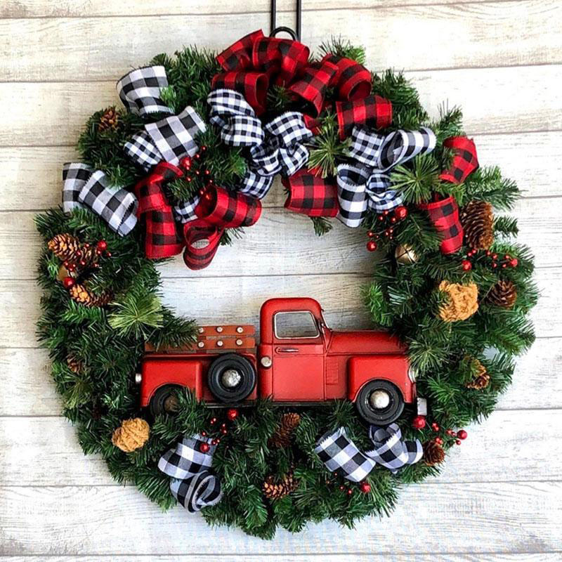 OUYG Outdoor Christmas Wreaths Red Truck Christmas Wreath Window Front Door Decoration Wall Hanging Christmas Wreath Decorating Supplies for Christmas Decoration Props