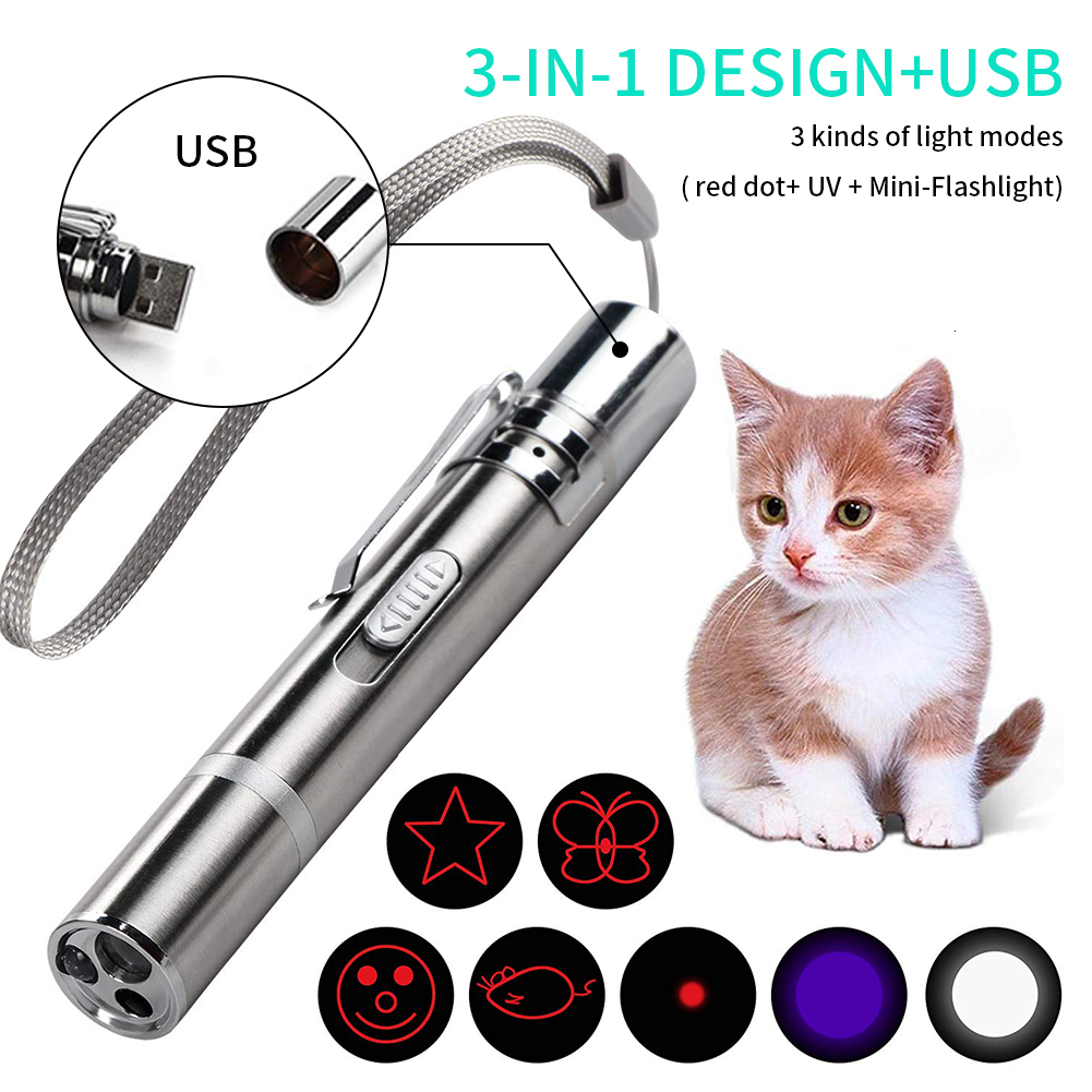 USB LASER POINTER AUFLADBARER STIFT ~ 3 in 1 Cat Pet Toy Rote UV-Taschenlam Neu 