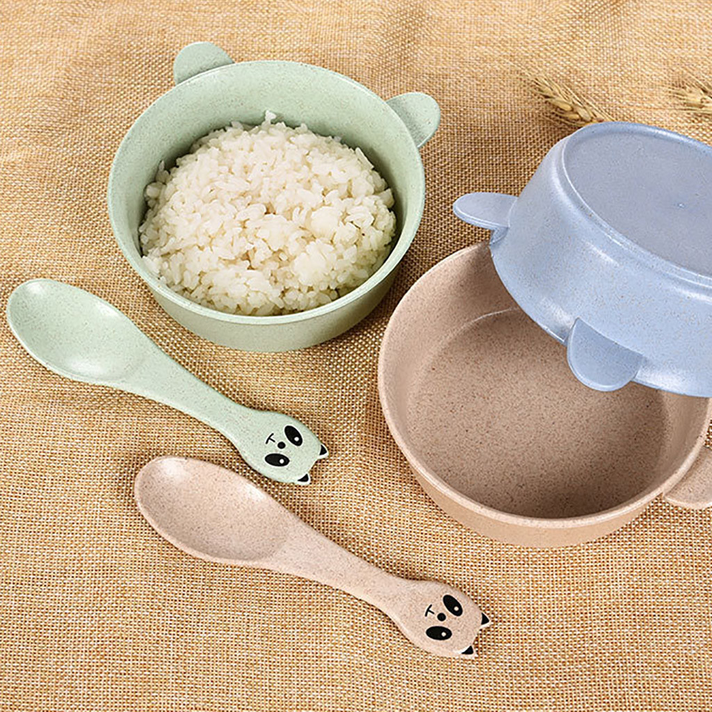 Cute Cartoon Panda Dinner Rice Serving Bowl Soup Salad Food Spoon Wheat Straw 