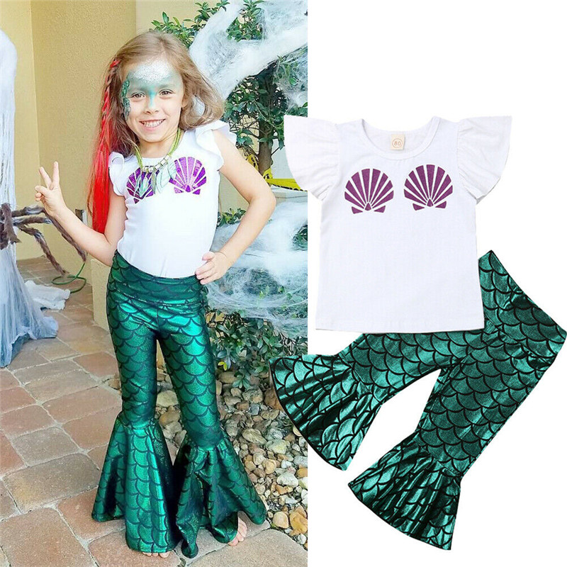 Toddler Baby Girls Mermaid Outfit Shell Print T Shirt Bell Bottom Pants Sets